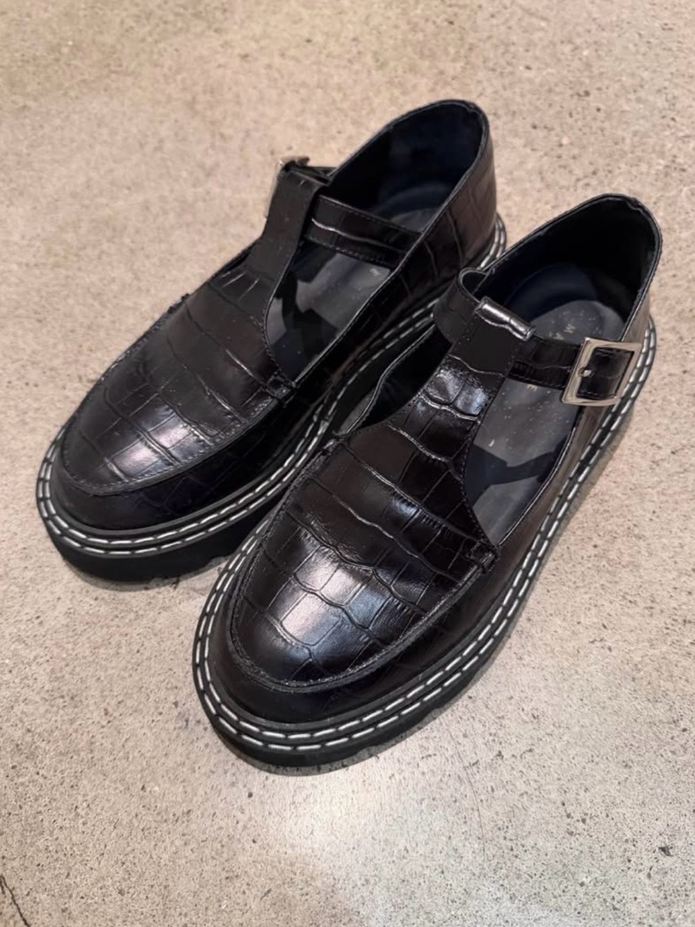 Women’s Black Croc-Embossed Leather T-Bar Loafers from Maguire